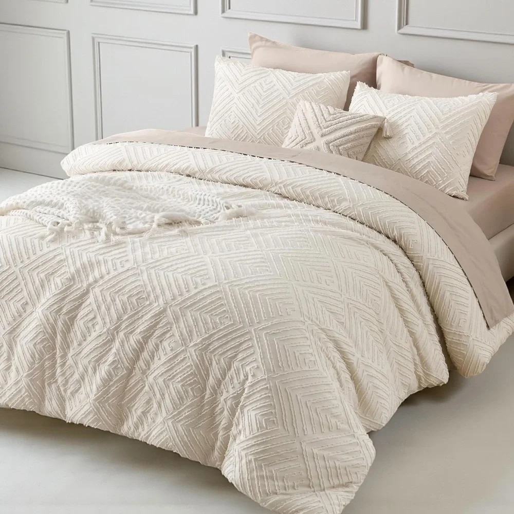 NEW Anthro Beige Diamond Tufted Queen / King Boho Comforter Bedding & Sham Set
